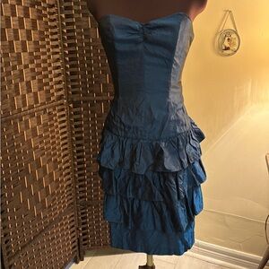 80s Strapless Corset boned Blue Ruffle Dress